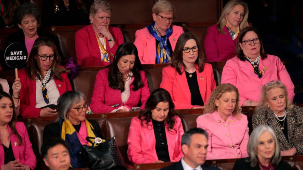 WASHINGTON, DC - MARCH 04: Democratic congresswomen wearing pink members of the House Women's Caucus wear pink as U.S. President Donald Trump addresses a joint session of Congress at the U.S. Capitol on March 04, 2025 in Washington, DC. President Trump was expected to address Congress on his early achievements of his presidency and his upcoming legislative agenda. (Photo by Chip Somodevilla/Getty Images)