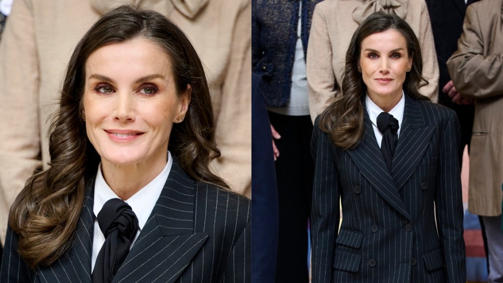 Queen Letizia wears a pinstripe suit and attends World Rare Disease Day event in Madrid.