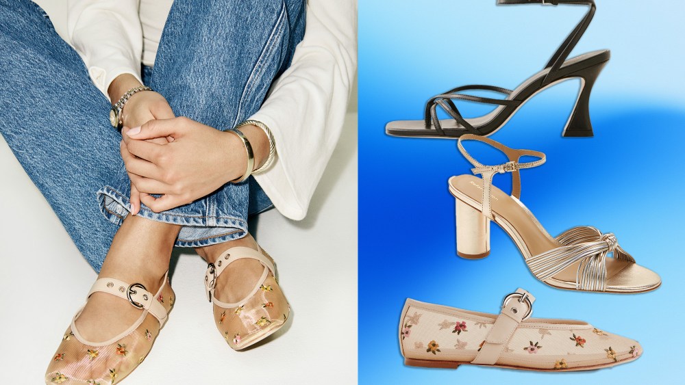 shot of woman's feet in mesh flats with mary jane straps; three footwear styles overlaid on an ombre blue background