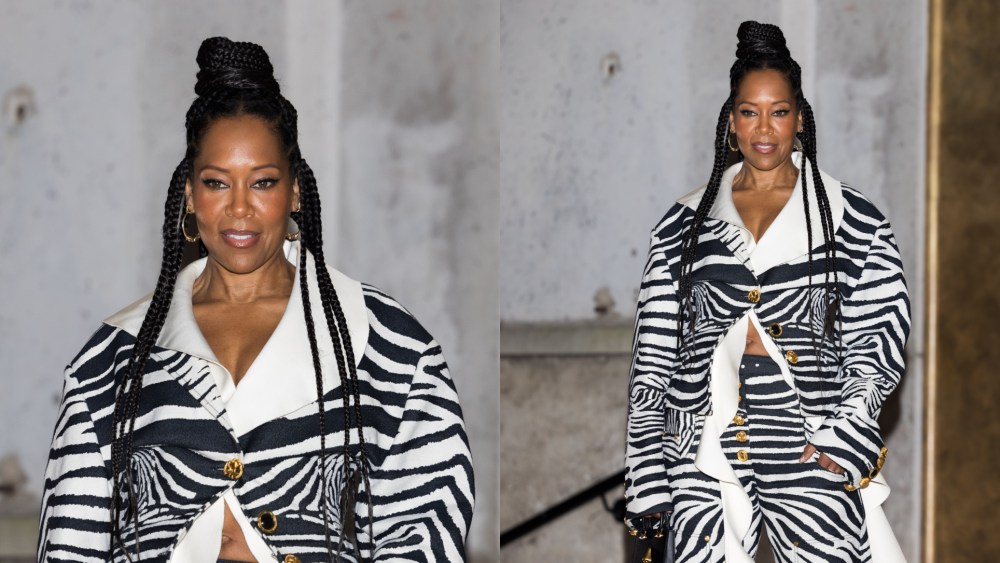 Regina King poses for photos ahead of the Schiaparelli show during Paris Fashion Week.