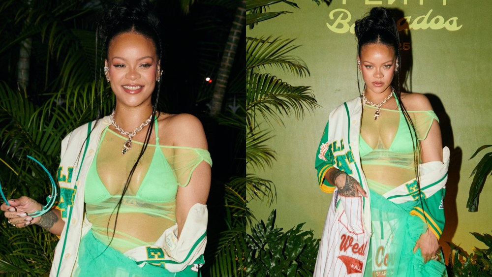 Rihanna celebrated the forthcoming Fenty x Puma drop in Barbados, green bikini, jerseys