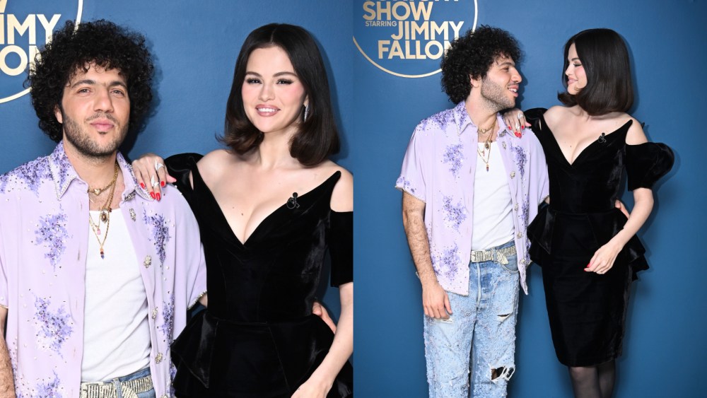 Selena Gomez wears mugler vampire dress with fiance Benny Blanco on The Tonight Show Starring Jimmy Fallon