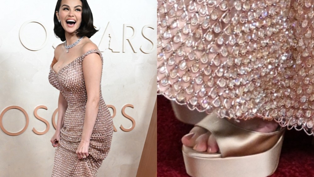 selena gomez custom ralph lauren gown satin platform sandals 2025 oscars red carpet