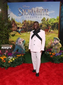 LOS ANGELES, CALIFORNIA - MARCH 15: Idris Kargbo joins Sneezy & Sleepy at the Allegra activation on the red carpet for Disney's "Snow White" premiere at El Capitan Theatre on March 15, 2025 in Hollywood, California. The Allegra activation asks what Sneezy and Sleepy would be like if they weren't sneezy or sleepy. (Photo by Phillip Faraone/Getty Images for Allegra)