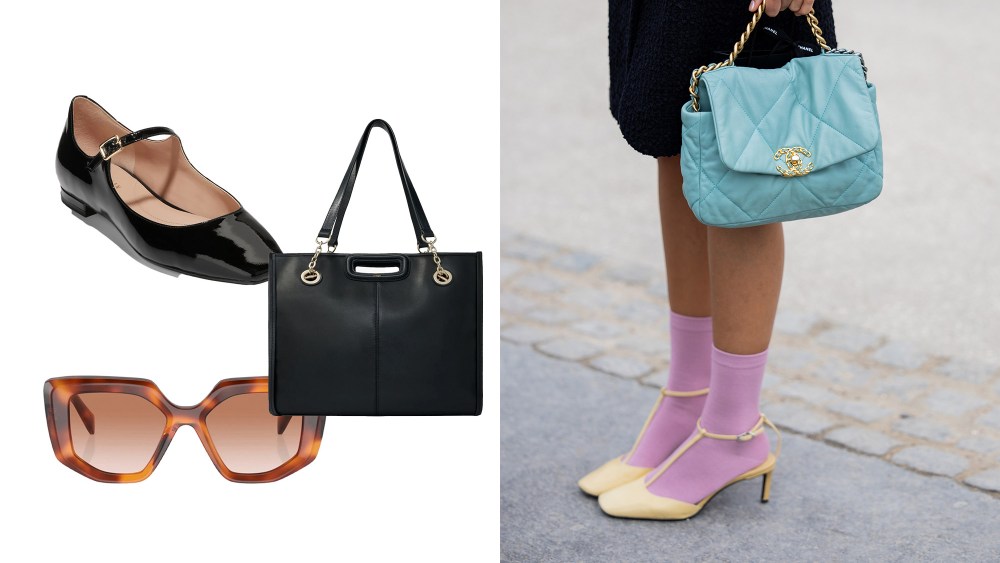 three spring essentials from a bag to sunglasses over a white background; woman holding a blue chanel bag while wearing heels and pink socks