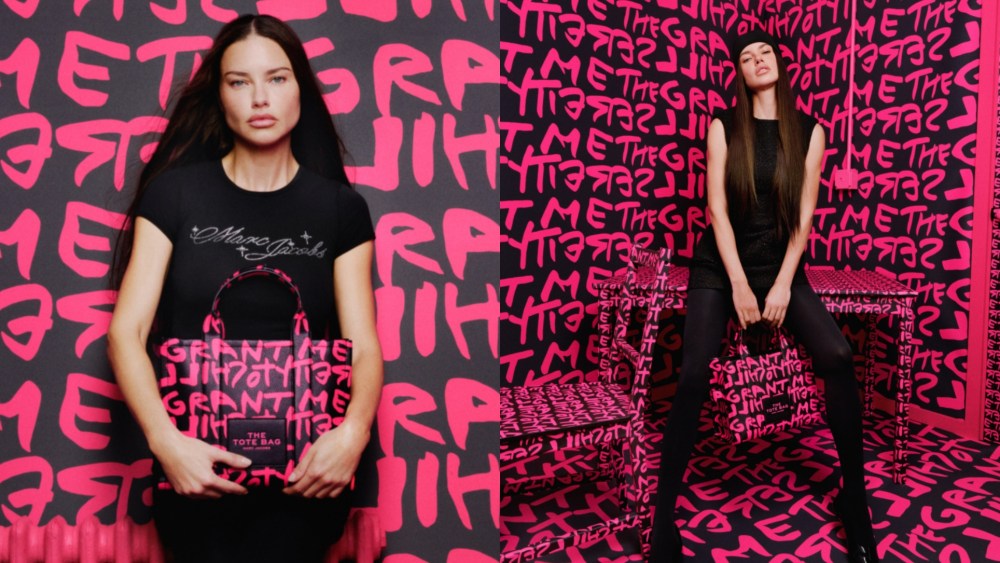 Adriana Lima models with the reissue of the Stephen Sprouse X Marc Jacobs tote in a new campaign.