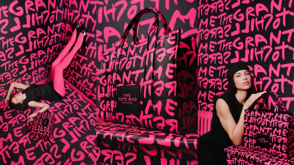 Adriana Lima poses for the Stephen Sprouse x Marc Jacobs tote bag reissue campaign.