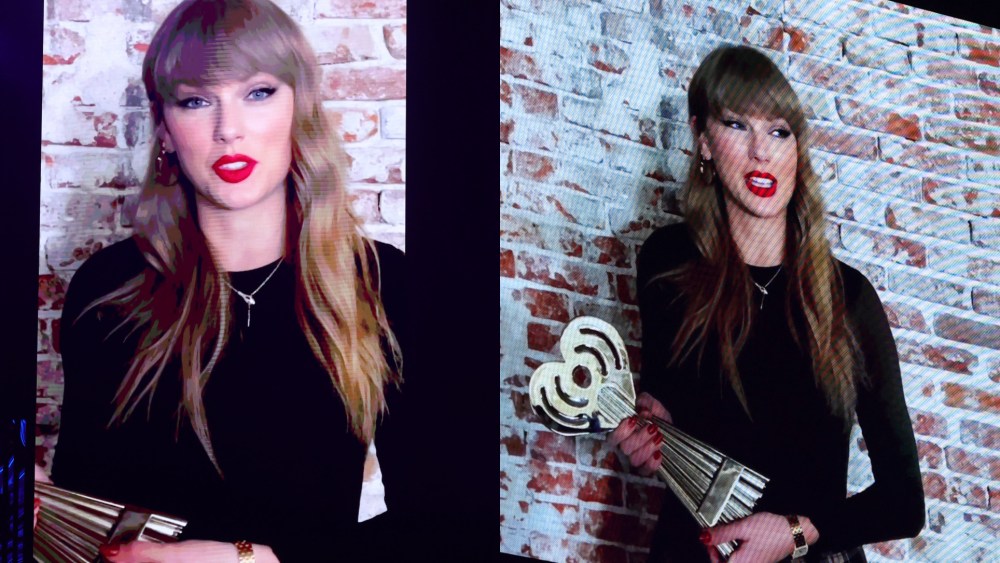 Taylor Swift accepts her awards via video at the 2025 iHeartRadio Music Awards at Dolby Theatre in Los Angeles on March 17, 2025.
