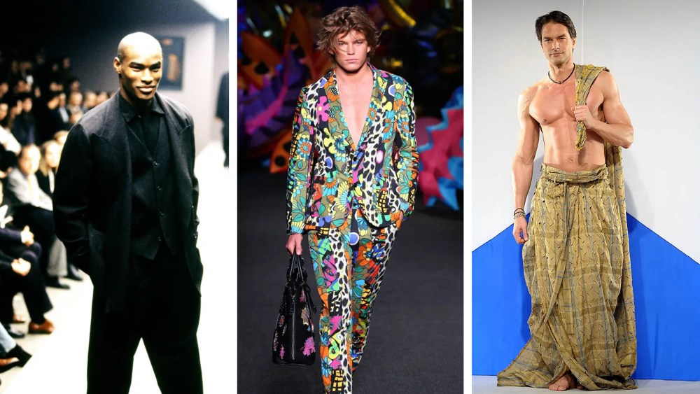 top male models of all time, Tyson Beckford, Jordan Barrett and Marcus Schenkenberg on the runway.