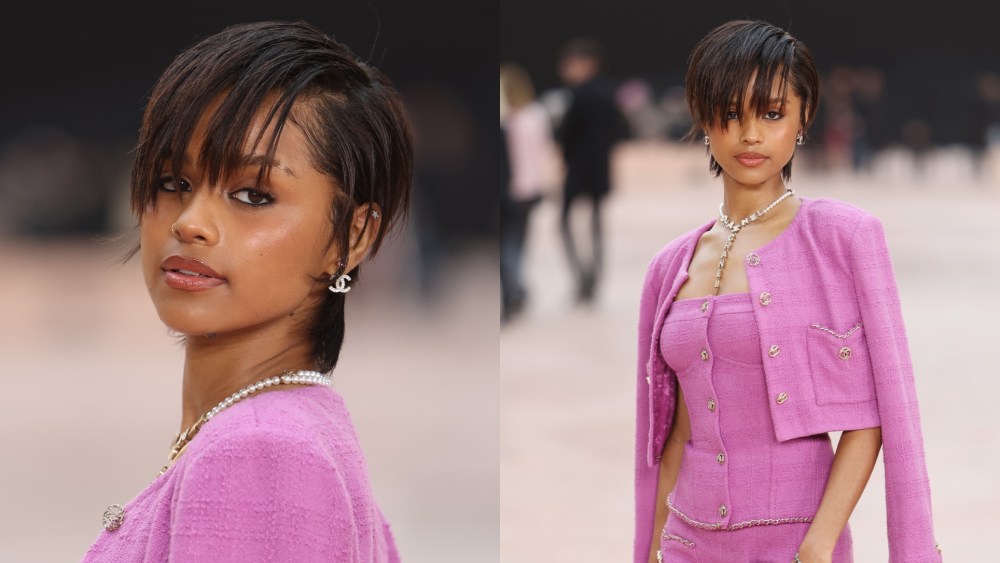 Tyla poses for photos ahead of the Chanel fall 2025 show during Paris Fashion Week.