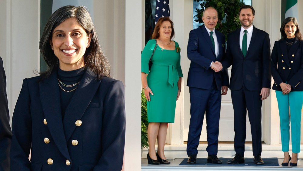 U.S. Vice President JD Vance (2nd-R) and his wife Usha Vance (R) welcome Irish Taoiseach Micheál Martin and his wife Mary O'Shea to the Vice President's Residence for a St. Patrick's Day Breakfast on March 12, 2025, in Washington, D.C.