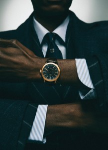 IWC Ingenieur vintage watch; Cesare Attolini wool jacket, suit, cotton shirt and tie; Celine Homme by Hedi Slimane belt.