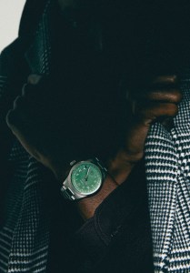Oris Big Crown Pointer Date multipiece with stainless steel 40mm case; Mr. P virgin wool-blend coat and Berluti wool shirt and trousers.