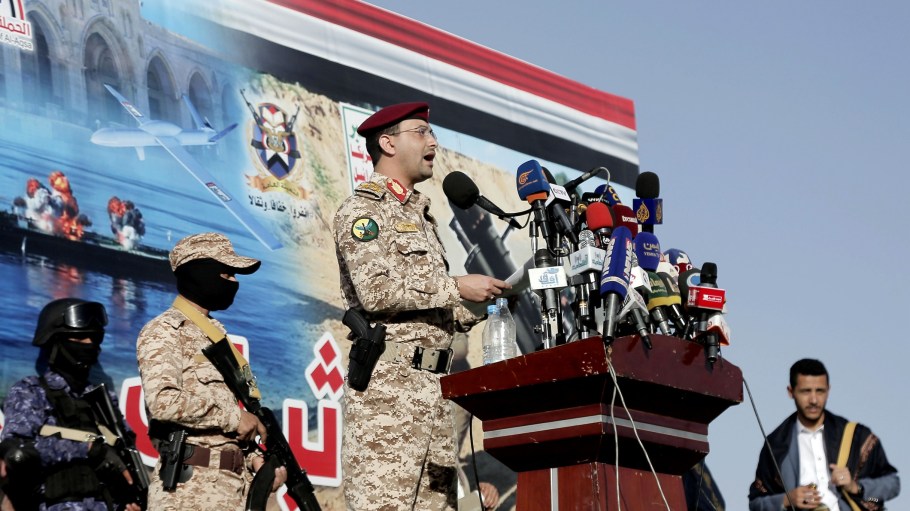 Houthi military spokesperson Yahya Sare'e speaks to crowd as people, including Houthi supporters, during a Pro-Palestinian demonstration on Jan. 17, 2025.