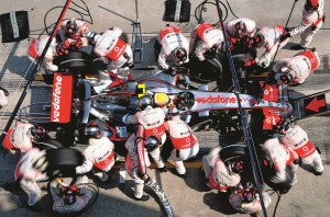 A pit stop for the rookie driver Lewis Hamilton in his second Formula One race, at the 2007 Malaysian Grand Prix. He finished second in the race, and by year’s end he finished second in the championship.