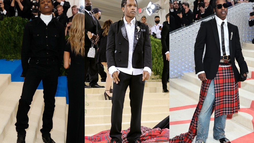 A$AP Rocky at the Met Gala on May 1, 2017; on Sept. 13, 2021; and May 1, 2023.