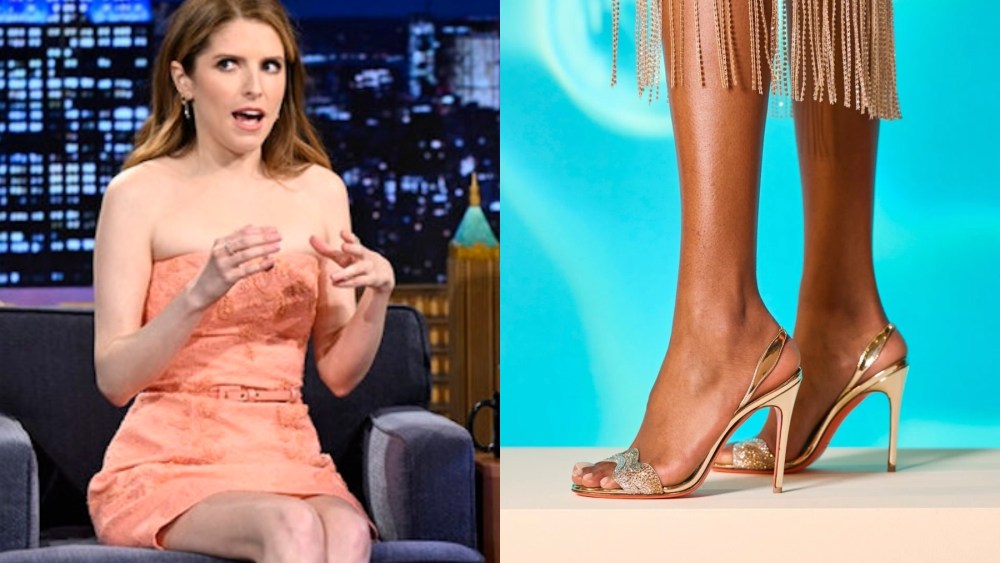 Left: Anna Kendrick wearing Santoni sandals on "The Tonight Show Starring Jimmy Fallon" on April 28, 2025.
Right: Santoni sandals