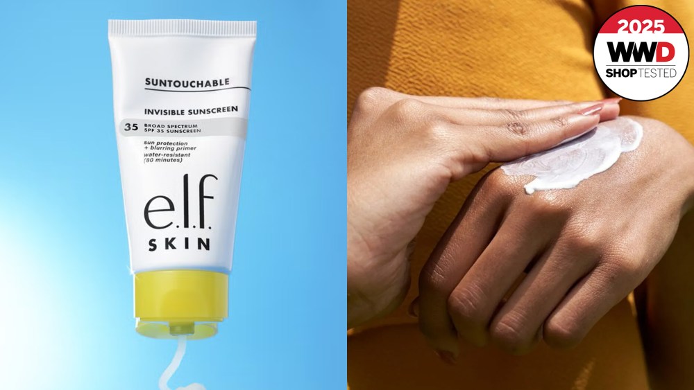 elf sunscreen on a blue background, woman testing one of the best drugstore sunscreens