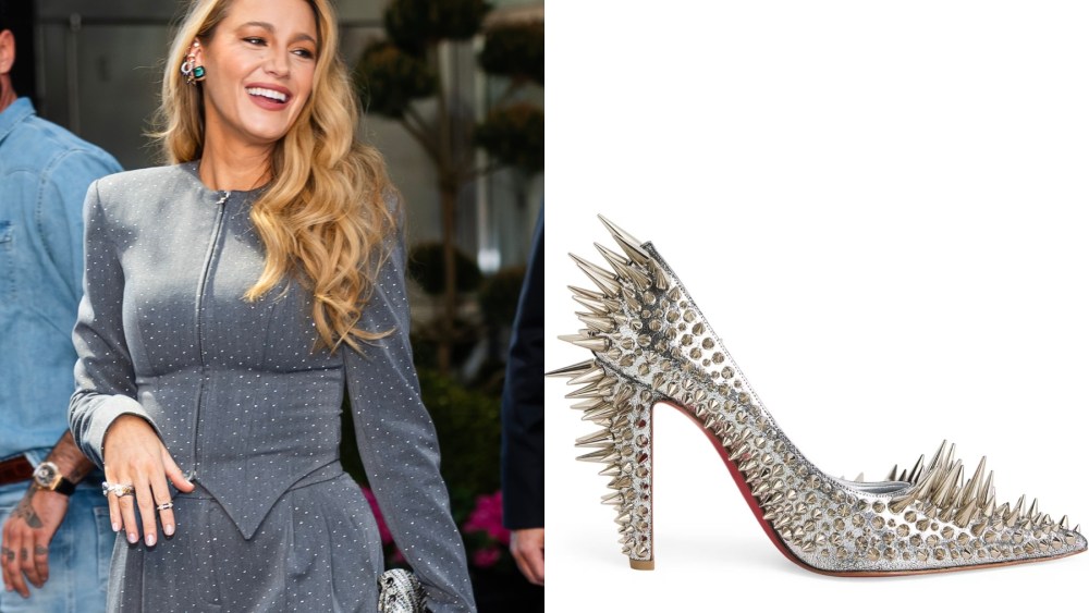 Left: Blake Lively in New York City on April 29, 2025.
Right: Christian Louboutin Estepic Pump.