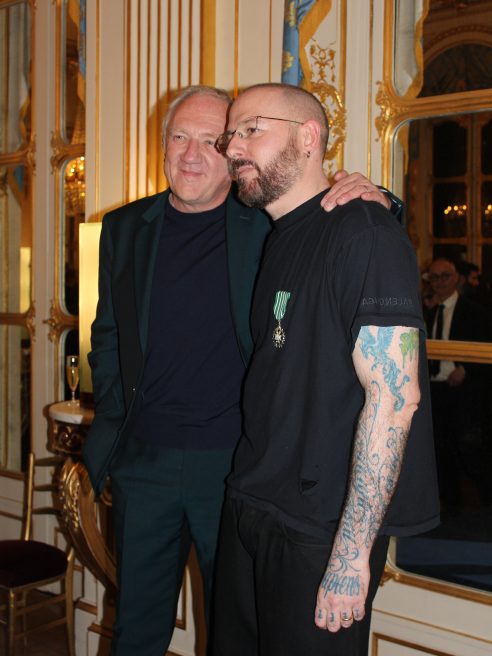 François-Henri Pinault and Demna after he was decorated as a Knight of the Order of Arts and Letters in Paris.