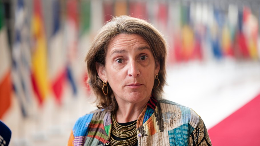 Spanish Minister for the Ecological Transition and the Demographic Challenge Teresa Ribera Rodriguez talks to media prior the start of an EU environment Minister Council in the Europa building, the EU Council headquarter on March 22, 2024 in Brussels, Belgium. EU environment ministers will hold a policy debate on the Commission's proposal to revise the waste framework directive, focusing on the textile and food sectors. The overall aim of the proposal is to reduce the environmental and climate impacts associated with textile and food waste generation and management.