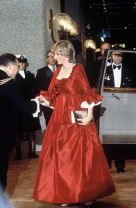 LONDON, UNITED KINGDOM - MARCH 30:  A pregnant Princess Diana, Princess of Wales in a red David Sassoon maternity gown attending a function at the Barbican Centre on March 30, 1982 in London. England. (Photo by Anwar Hussein/Getty Images)