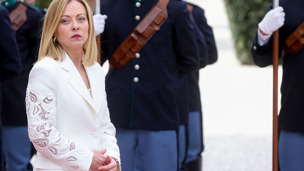 ROME, ITALY - APRIL 09: Italy's Prime Minister Giorgia Meloni waits for the arrival of Queen Rania of Jordan at Villa Pamphili, ahead of a bilateral meeting on April 09, 2025 in Rome, Italy. (Photo by Alessandra Benedetti - Corbis/Corbis via Getty Images)