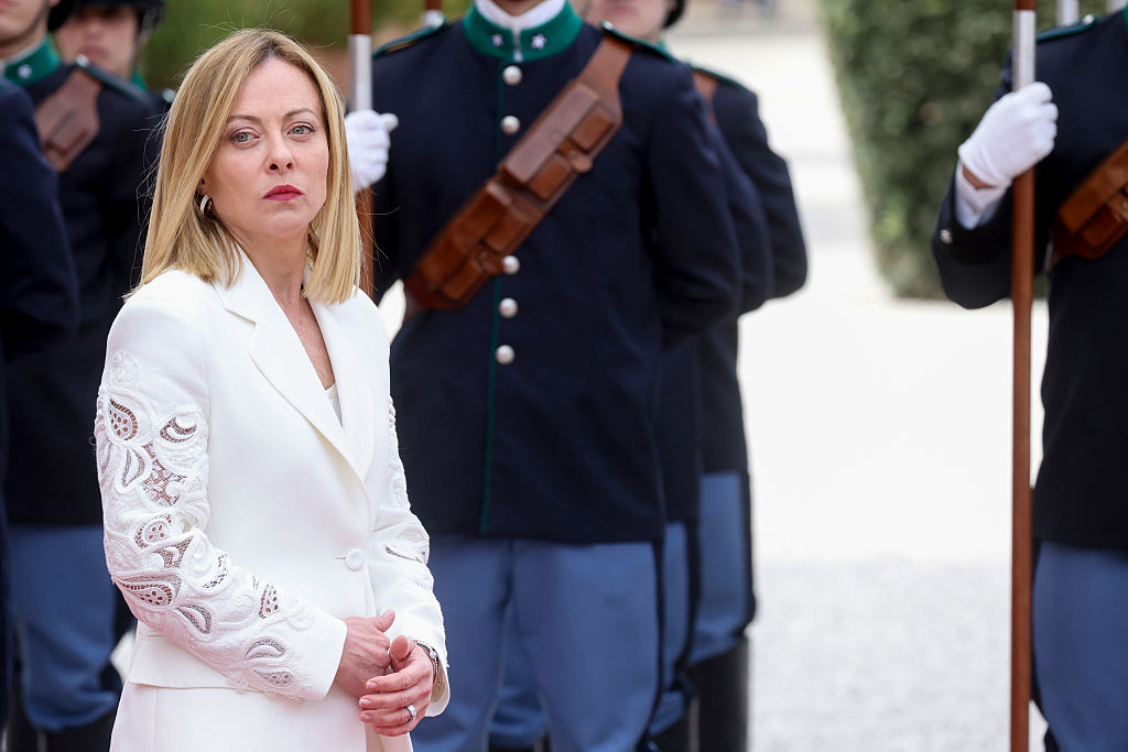 ROME, ITALY - APRIL 09: Italy's Prime Minister Giorgia Meloni waits for the arrival of Queen Rania of Jordan at Villa Pamphili, ahead of a bilateral meeting on April 09, 2025 in Rome, Italy. (Photo by Alessandra Benedetti - Corbis/Corbis via Getty Images)