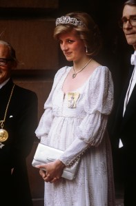 LONDON - MAY: Princess Diana  at the Royal Academy of Arts in Piccadilly, London in May 1984. The Princess is wearing an 'empire line' evening gown by Bellville Sassoon. (Photo by David Levenson/Getty Images)
