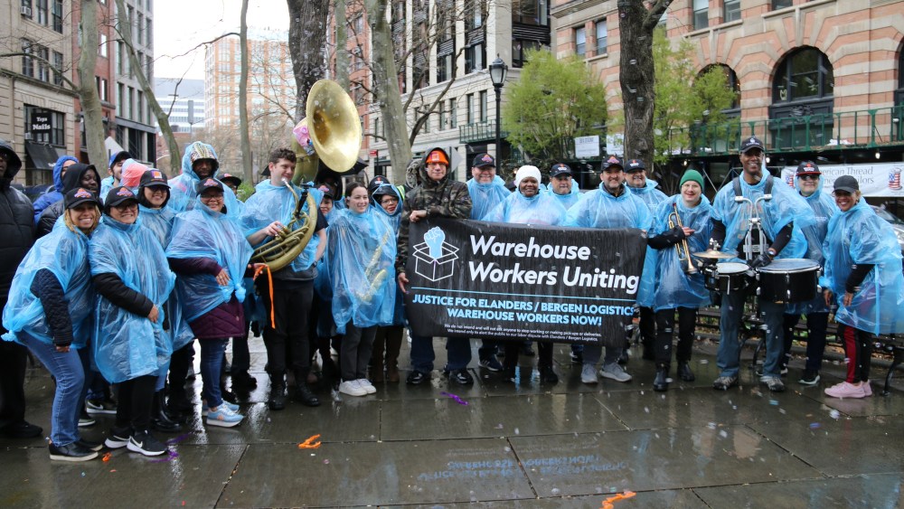 Supporters of "Warehouse Workers Uniting!" before the start of their April 5 "parade" through Soho.