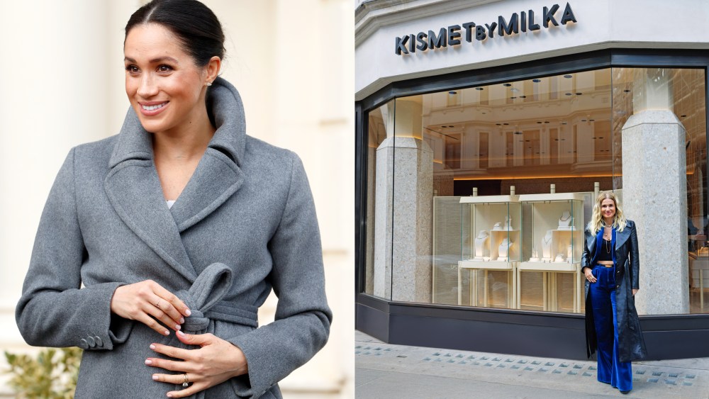 Left: Meghan Markle wore the Hamsa Ring from Kismet by Milka in 2018 to visit the Royal Variety Charity's Brinsworth House. Right, Kismet by Milka founder Milka Karaağaçlı İnce in front of the brand's flagship store on London's New Bond Street.