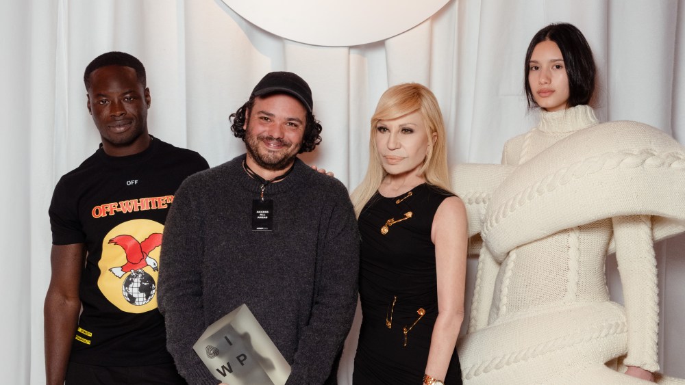 Ib Kamara, Duran Lantink, Donatella Versace and a model wearing a look by Lantink.