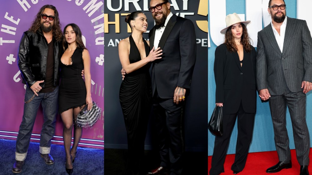 Jason Momoa and Adria Arjona at SNL50: The Homecoming Concert at Radio City Music Hall on February 14, 2025 in New York City; Adria Arjona and Jason Momoa attend SNL50: The Anniversary Special on February 16, 2025 in New York City; Adria Arjona and Jason Momoa attend the "Black Bag" UK Special Screening at the Curzon Mayfair on March 11, 2025 in London, England.