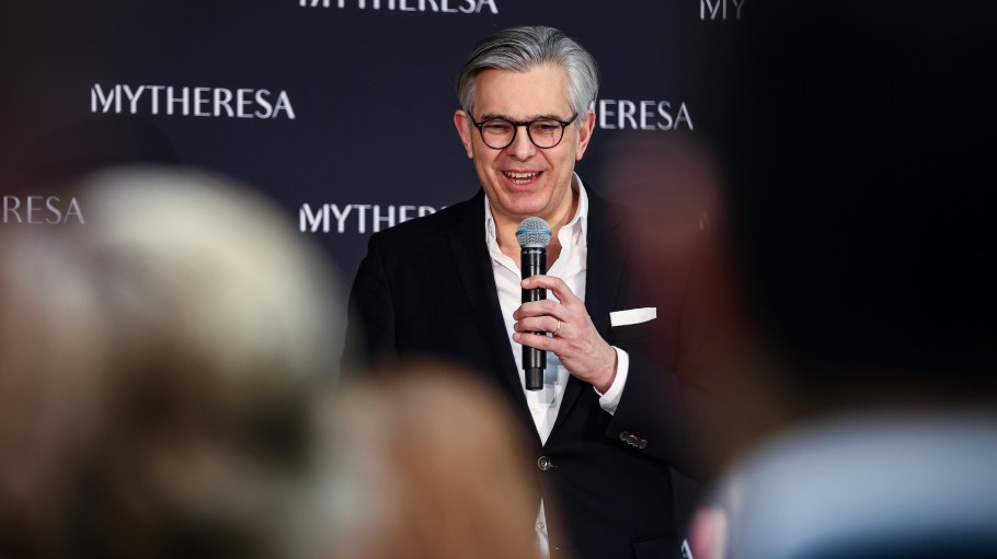 Michael Kliger, CEO of Mytheresa, speaks during the opening of the company's new logistics center, an online platform for luxury fashion.