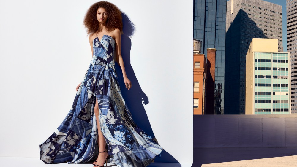 The Ralph Lauren denim floral patchwork floral strapless gown.