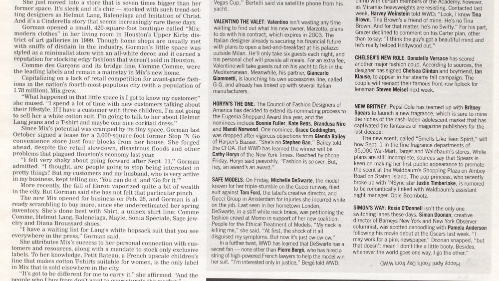 WWD, Fashion Scoops, April Fools' Day, April 1, 2002.