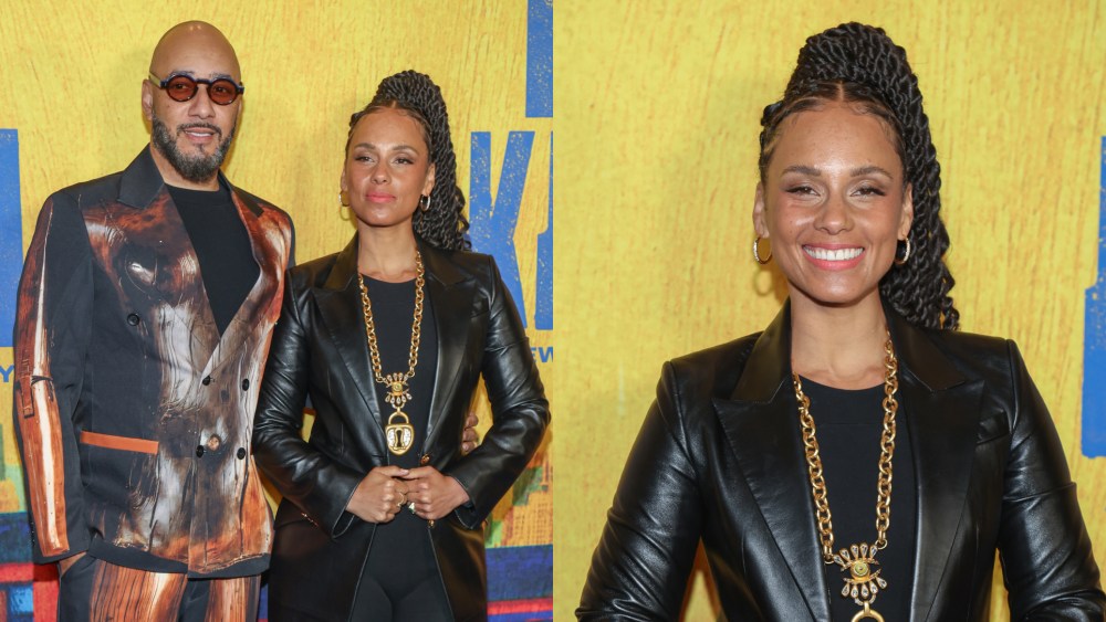 Swizz Beatz and Alicia Keys at the "Hell's Kitchen" first anniversary celebration on Broadway.