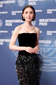 Lily Collins at The 11th Breakthrough Prize Ceremony held at Barker Hanger on April 05, 2025 in Santa Monica, California.