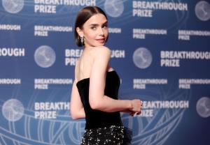 Lily Collin at The 11th Breakthrough Prize Ceremony held at Barker Hanger on April 05, 2025 in Santa Monica, California.