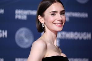 Lily Collins at The 11th Breakthrough Prize Ceremony held at Barker Hanger on April 05, 2025 in Santa Monica, California.
