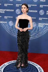 Lily Collins at The 11th Breakthrough Prize Ceremony held at Barker Hanger on April 05, 2025 in Santa Monica, California.