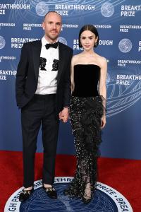 Charlie McDowell, Lily Collins at The 11th Breakthrough Prize Ceremony held at Barker Hanger on April 05, 2025 in Santa Monica, California.