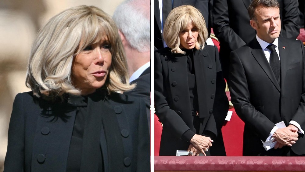 France's President Emmanuel Macron (R) and his wife Brigitte Macron attend late Pope Francis' funeral ceremony at St Peter's Square in The Vatican on April 26, 2025, louis vuitton dress, blonde hair wavy style