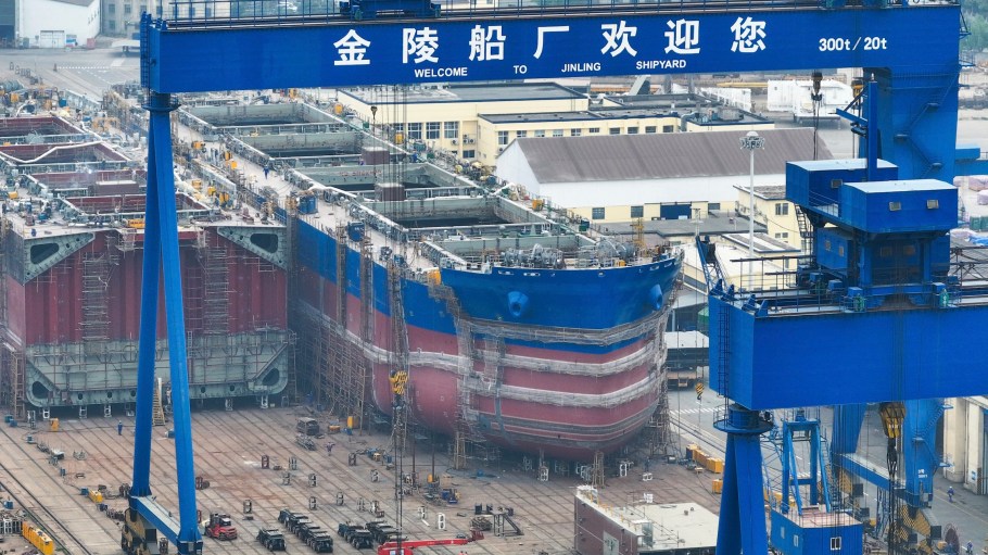 A view of ships under construction at a shipyard in Nanjing city in east China's Jiangsu province Friday, April 11, 2025.