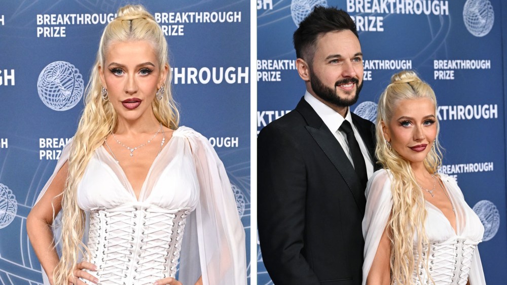 Matthew Rutler, Christina Aguilera at The 11th Breakthrough Prize Ceremony held at Barker Hanger on April 05, 2025 in Santa Monica, California, Dolce & Gabbana white semi-sheer spring 2024 dress with corset details