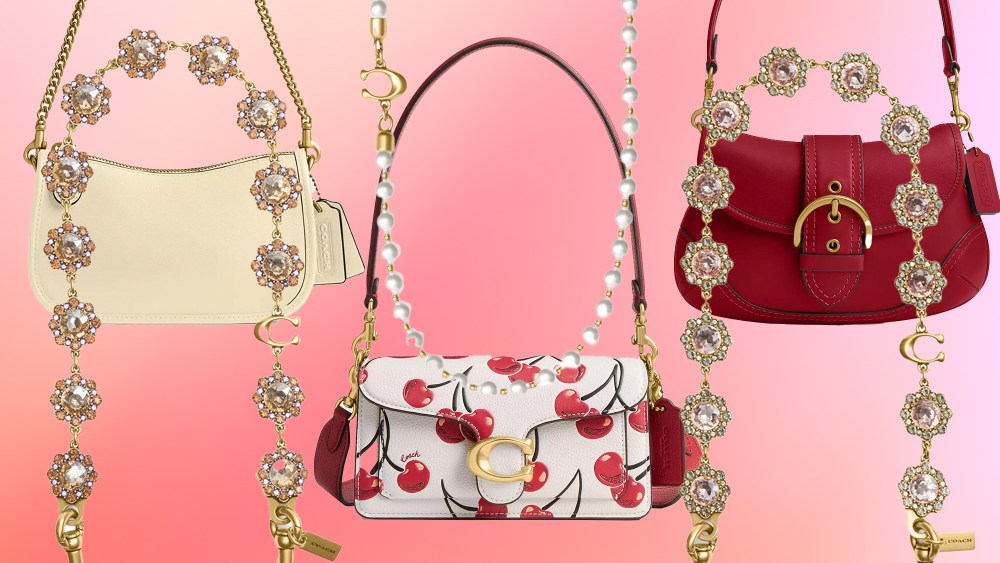 three coach bags in various hues and prints pictured underneath coach bag straps with pearls and crystals