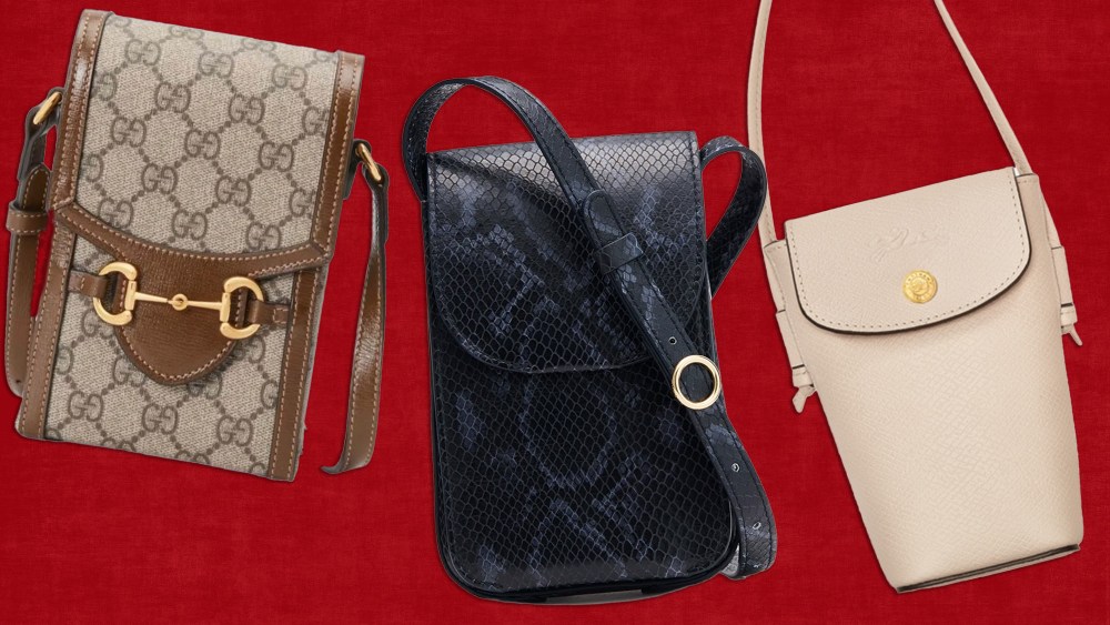 black leather flap closure phone crossbody bag with long chain straps