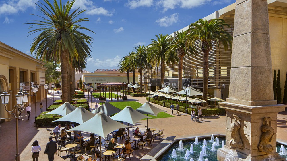 Aerial view of the Neiman Marcus-Bloomingdale's courtyard at Fashion Island in Newport Beach, CA.