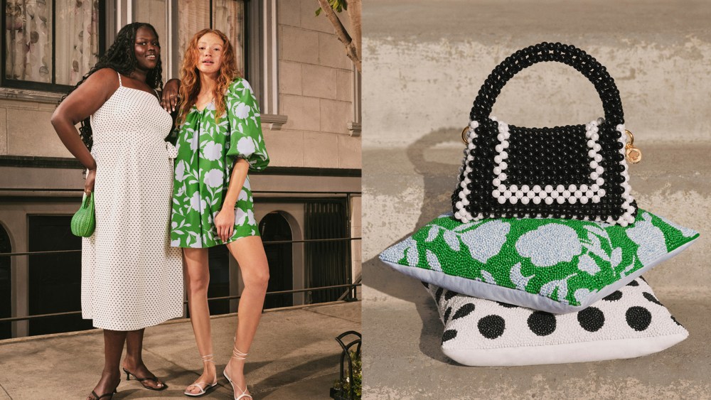 two models posing in spring dresses of a white and green color on a street; a black and white handbag resting on beaded pillows outside