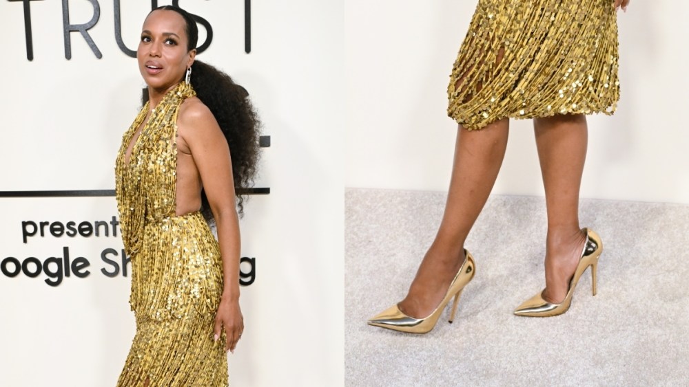 kerry washington in a gold burberry dress and gold pumps at the Fashion Trust U.S Awards 2025 in Los Angeles on April 8